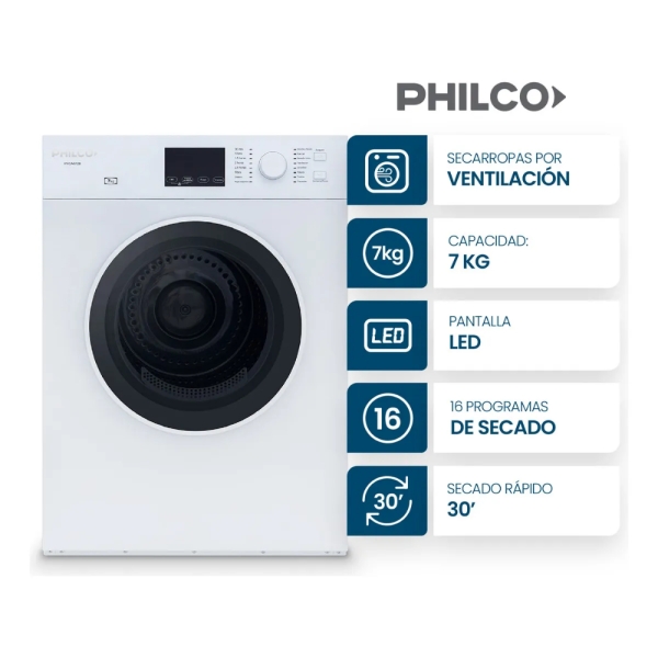 SECARROPAS PHILCO POR VENTILACION 7KG BLANCO PHSA072B BLANCO
