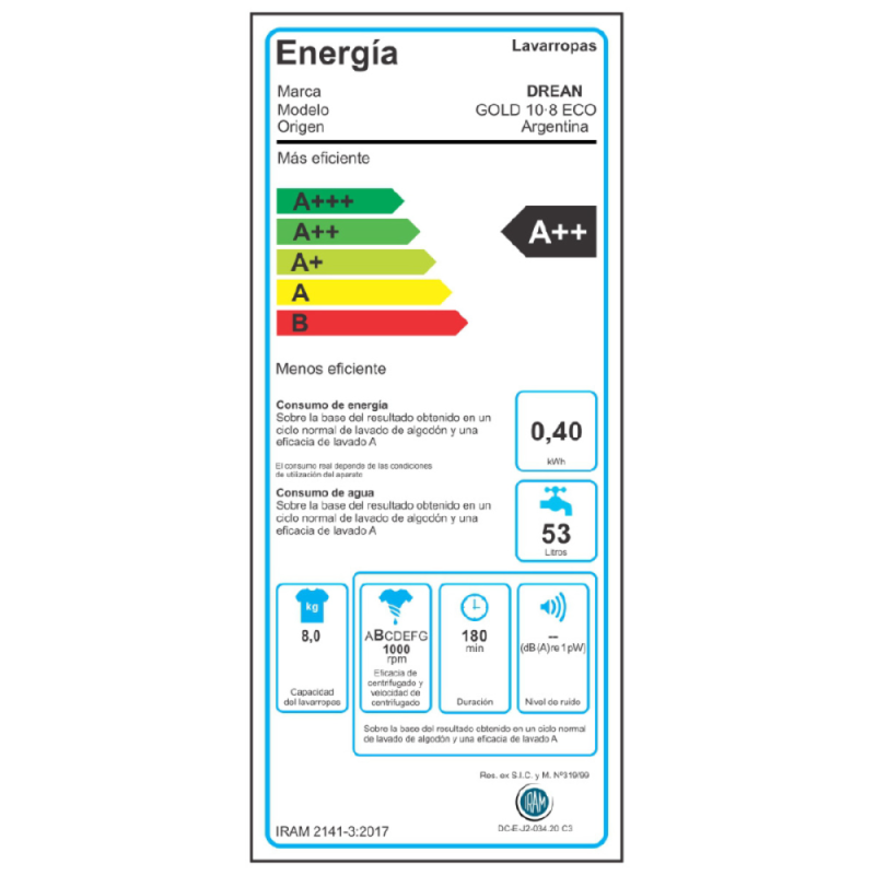 Lavarropas Carga Superior 8 Kg Blanco Drean - GOLD 10.8 ECO