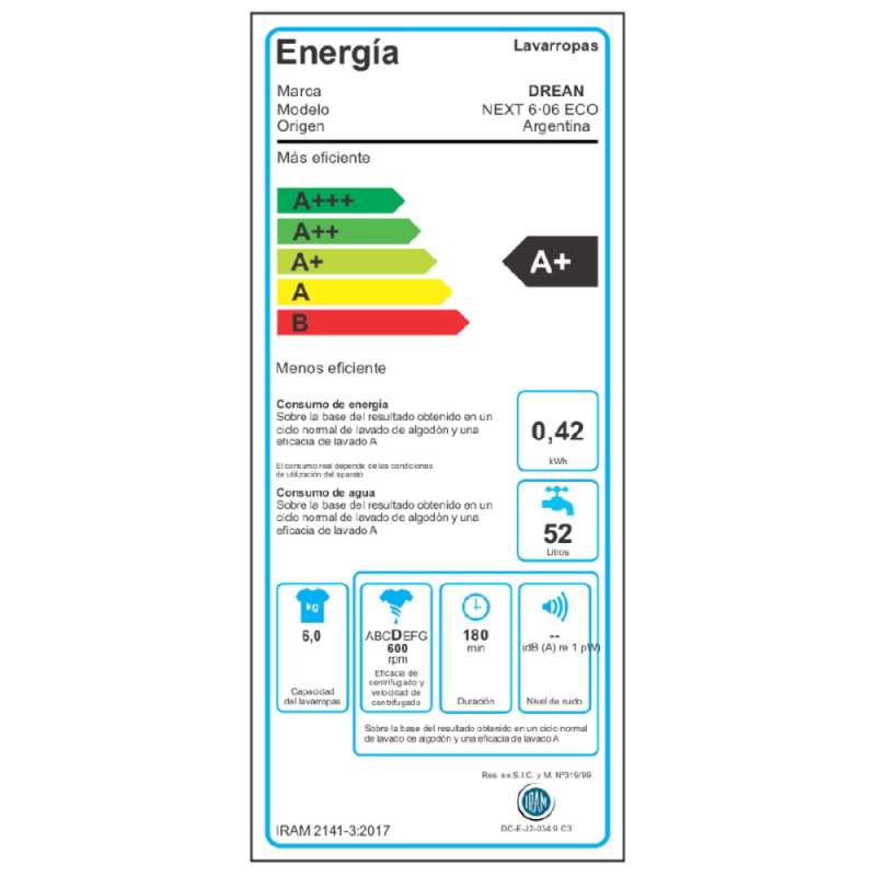 Lavarropas Carga Frontal 6 Kg Blanco Drean - NEXT 6.06 ECO
