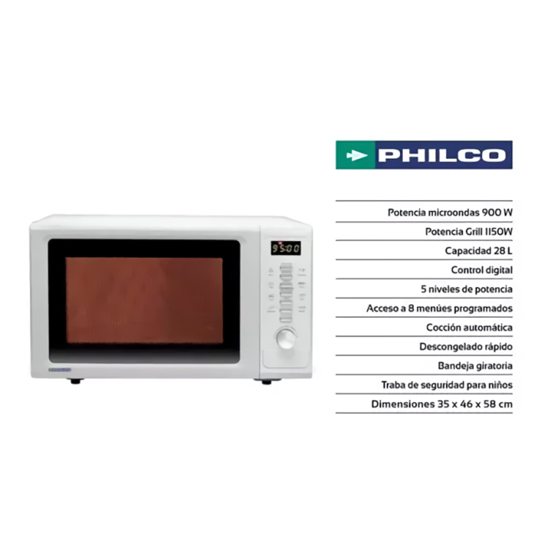 MICROONDAS PHILCO 28L DIGITAL GRILL MPG8428N BLANCO