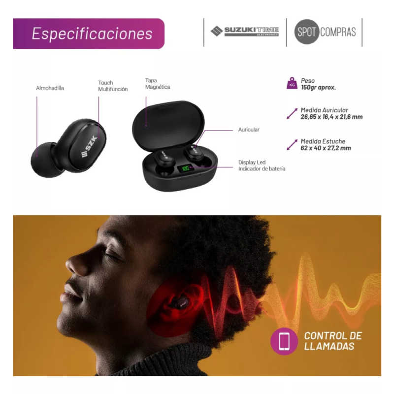 AURICULAR SUZUKI INALAMBRICO TIME IN EAR STW-101N NEGRO