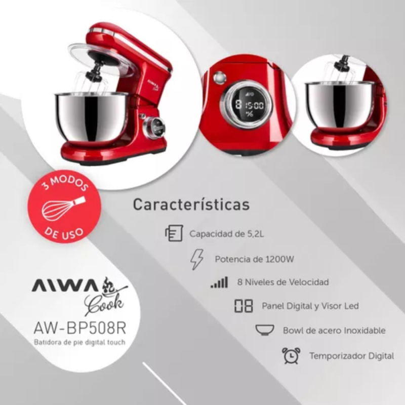 BATIDORA AIWA PLANETARIA 5.2L 1200W AW-BP508R ROJO METAL