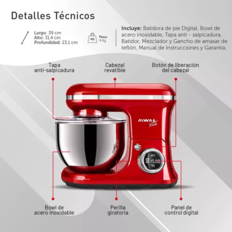 BATIDORA AIWA PLANETARIA 5.2L 1200W AW-BP508R ROJO METAL