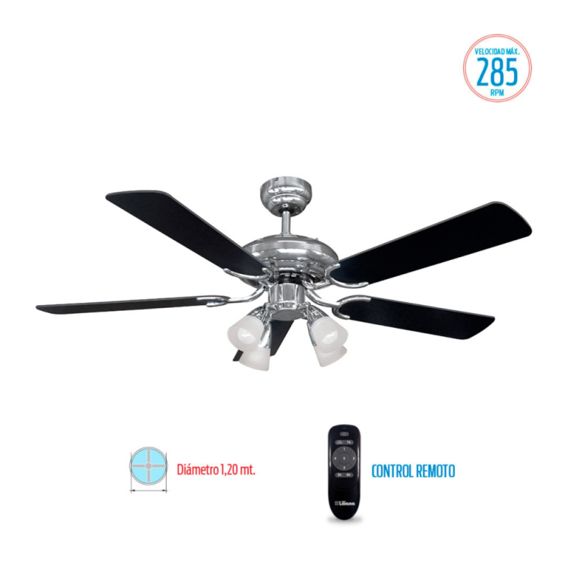 VENTILADOR LILIANA DE TECHO 1.2M 80W REVERSIBLE BANCO/ NEGRO CON LUZ VTHM415