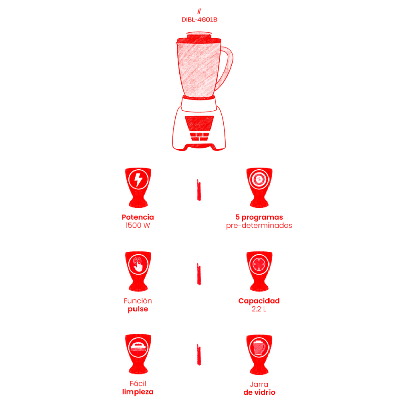 LICUADORA DAEWOO DIBL4610B JARRA DE VIDRIO ROJA