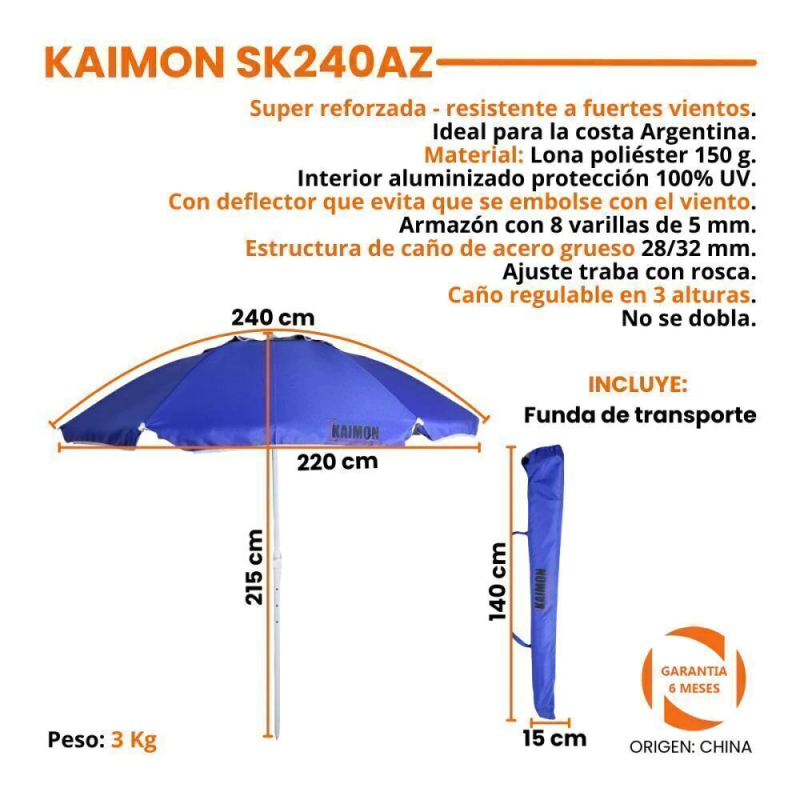 SOMBRILLA KAIMON 2.4MTS CON DEFLECTOR DE VIENTO  AZUL