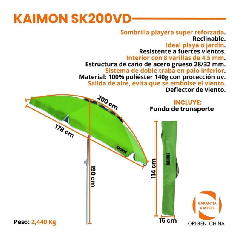 SOMBRILLA KAIMON 2MTS CON DEFLECTOR DE VIENTO  VERDE