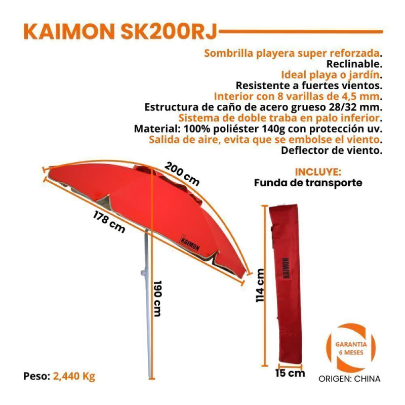 SOMBRILLA KAIMON 2MTS CON DEFLECTOR DE VIENTO  ROJO