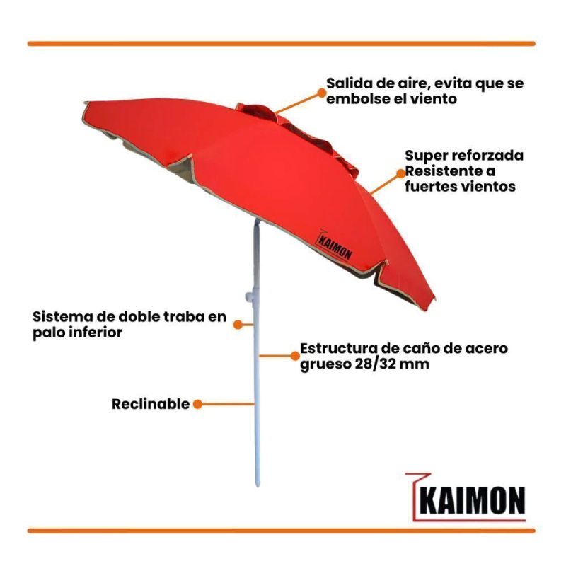 SOMBRILLA KAIMON 1.80MTS CON DEFLECTOR DE VIENTO  ROJO