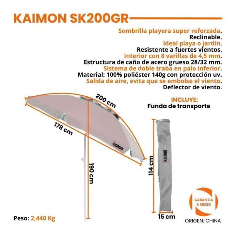SOMBRILLA KAIMON 2MTS CON DEFLECTOR DE VIENTO  GRIS