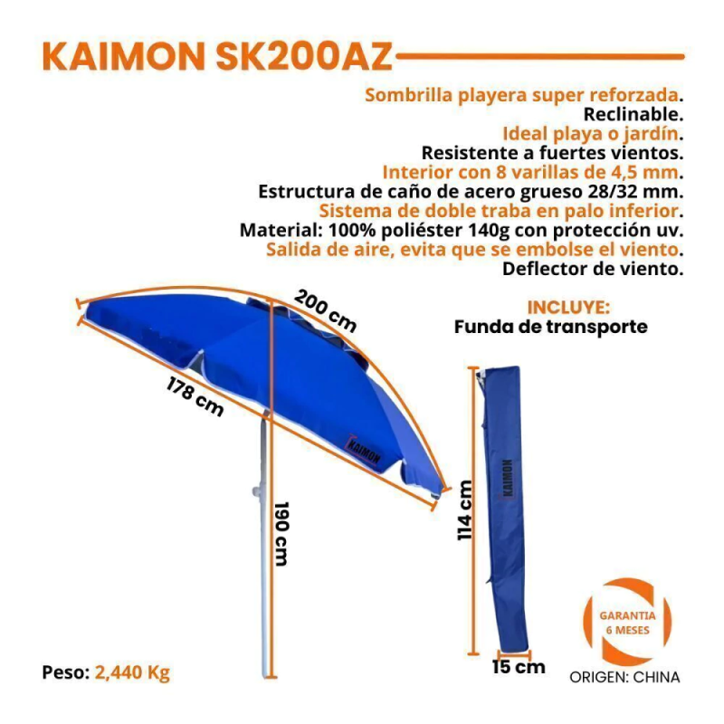 SOMBRILLA KAIMON 2MTS CON DEFLECTOR DE VIENTO  AZUL