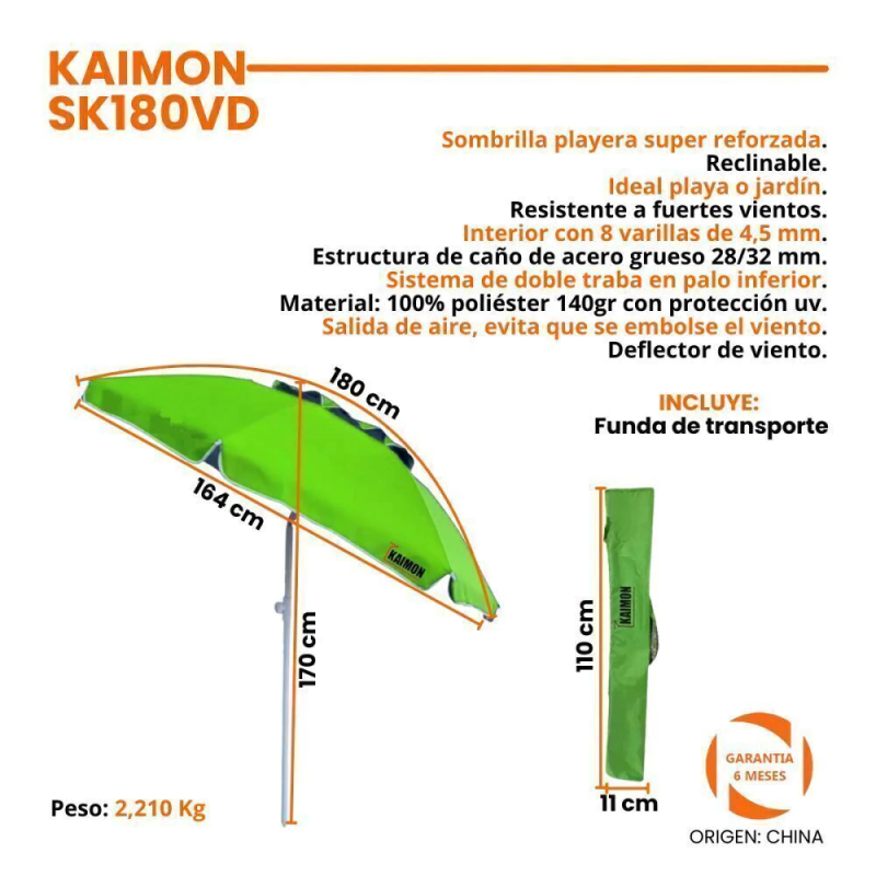 SOMBRILLA KAIMON 1.80MTS CON DEFLECTOR DE VIENTO  VERDE