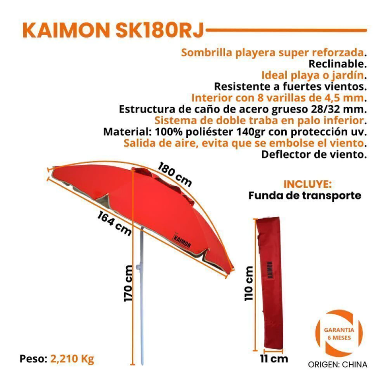 SOMBRILLA KAIMON 1.80MTS CON DEFLECTOR DE VIENTO  ROJO