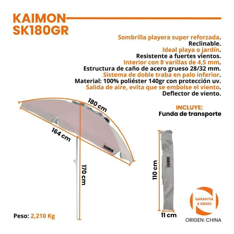 SOMBRILLA KAIMON 1.80MTS CON DEFLECTOR DE VIENTO GRIS