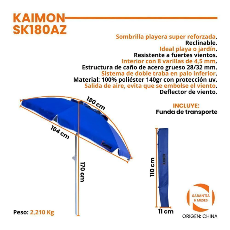 SOMBRILLA KAIMON 1.80MTS CON DEFLECTOR DE VIENTO AZUL