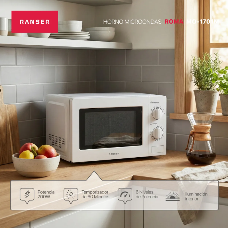 MICROONDAS RANSER 20L ROMA MO-1701M BLANCO MECANICO