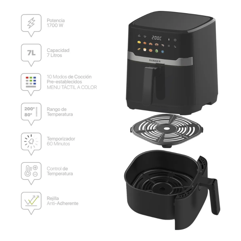 FREIDORA DE AIRE RANSER DIGITAL RAVELLO AF-8675W 7L NEGRA