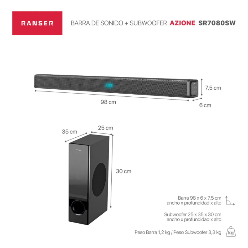 BARRA DE SONIDO RANSER 2.1 AZIONE SB7080SW NEGRA