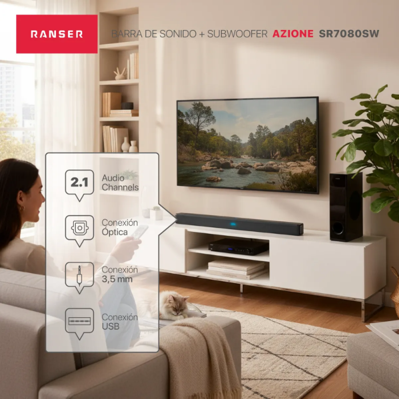 BARRA DE SONIDO RANSER 2.1 AZIONE SB7080SW NEGRA