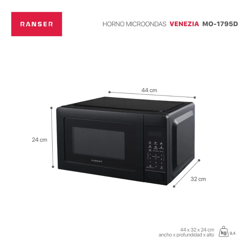MICROONDAS RANSER 20L VENEZIA MO-1795D DIGITAL NEGRO