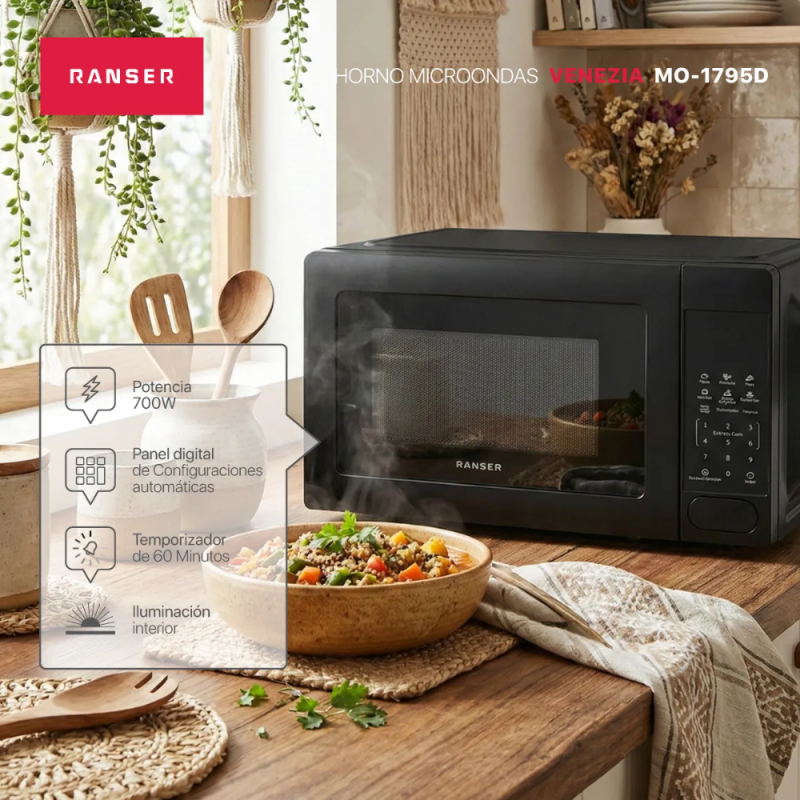 MICROONDAS RANSER 20L VENEZIA MO-1795D DIGITAL NEGRO