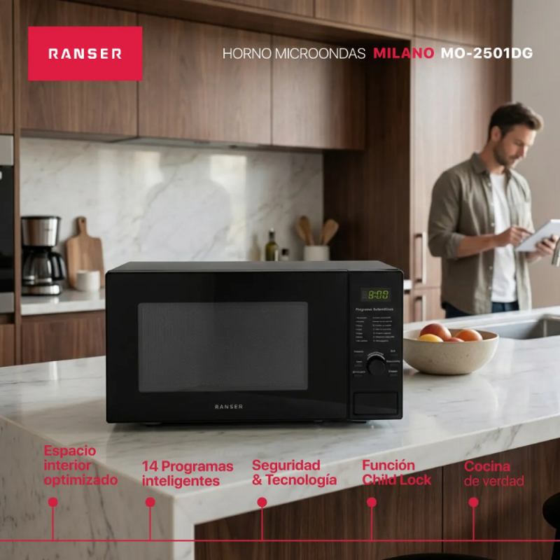 MICROONDAS RANSER 25Lts MILANO  MO-2501DG DIGITAL grill 900w NEGRO