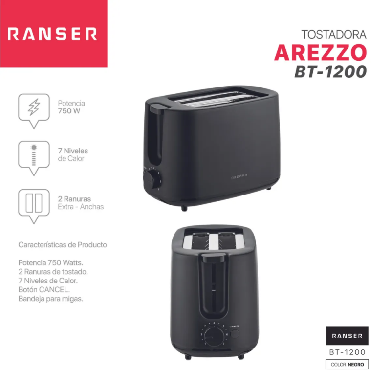 TOSTADORA RANSER ARREZO BT-1200 NEGRA