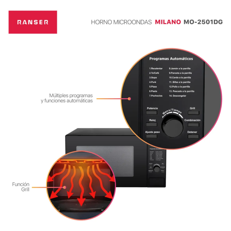 MICROONDAS RANSER 25Lts MILANO  MO-2501DG DIGITAL grill 900w NEGRO