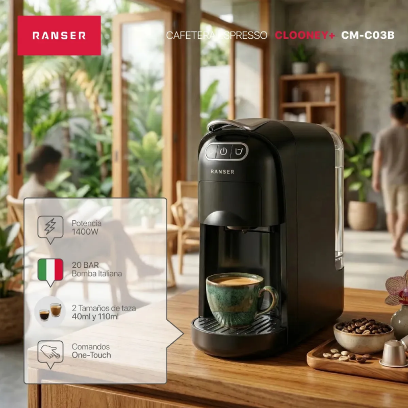 CAFETERA RANSER ESPRESSO CLOONEY CM-C03B NEGRA