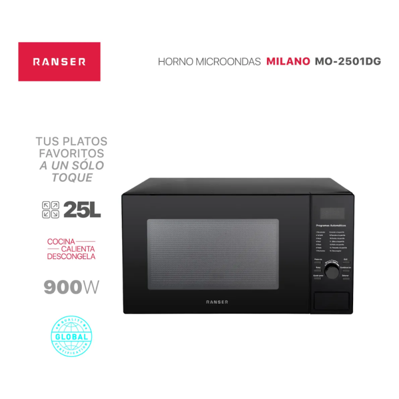 MICROONDAS RANSER 25Lts MILANO  MO-2501DG DIGITAL grill 900w NEGRO