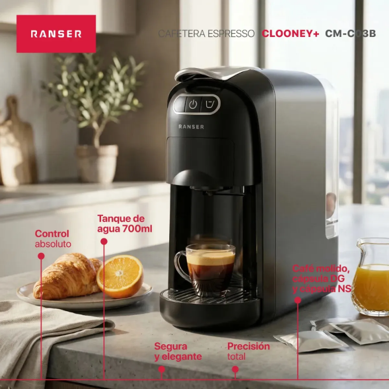 CAFETERA RANSER ESPRESSO CLOONEY CM-C03B NEGRA