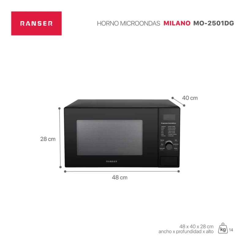 MICROONDAS RANSER 25Lts MILANO  MO-2501DG DIGITAL grill 900w NEGRO