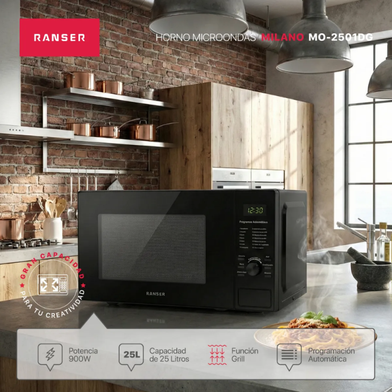 MICROONDAS RANSER 25Lts MILANO  MO-2501DG DIGITAL grill 900w NEGRO