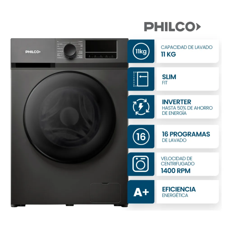 LAVARROPAS PHILCO C/FRONTAL 11KGRS DARK GRAY PHLF111DGN2