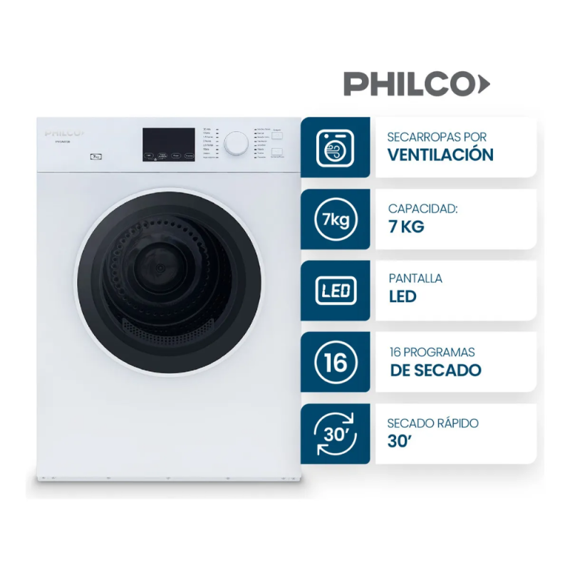 SECARROPAS PHILCO POR VENTILACION 7KG BLANCO PHSA072B BLANCO